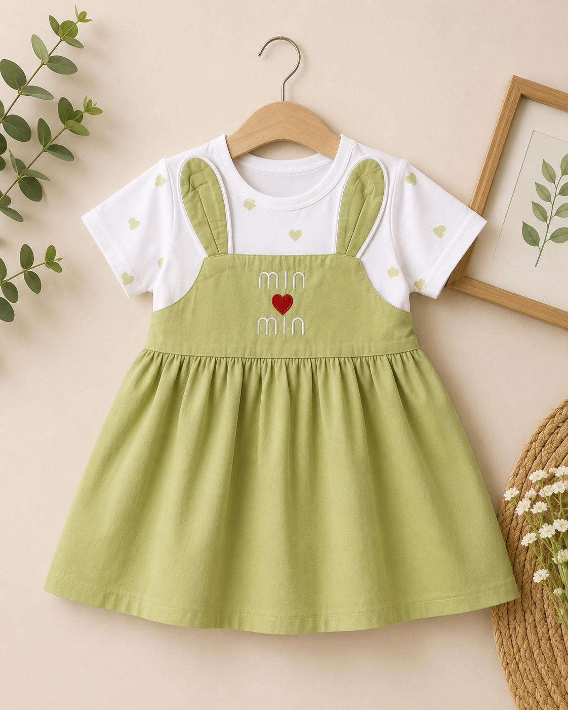 Girls Sage Green Min Min Bunny Ear Dress with Heart Print Top