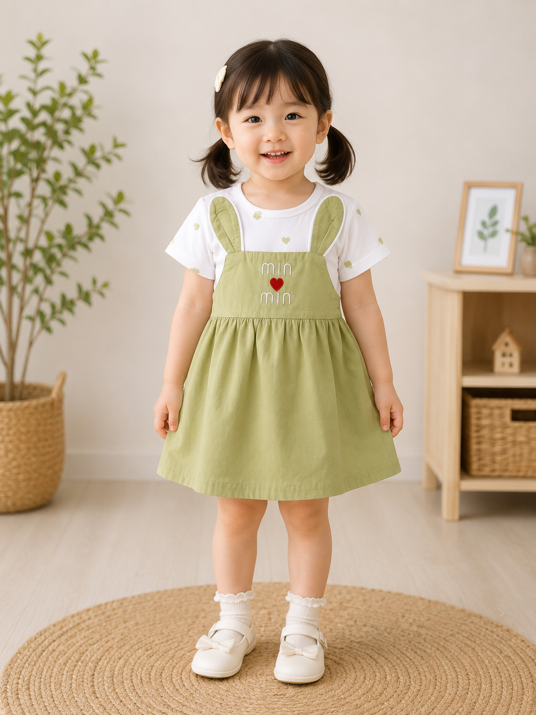 Girls Sage Green Min Min Bunny Ear Dress with Heart Print Top