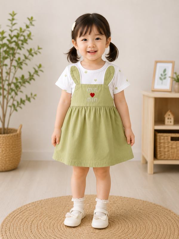 Girls Sage Green Min Min Bunny Ear Dress with Heart Print Top
