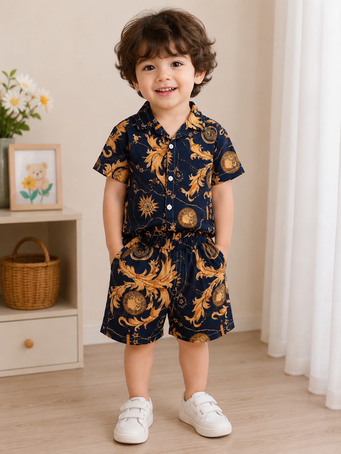 Boys Navy Gold Baroque Print Shirt & Shorts Set