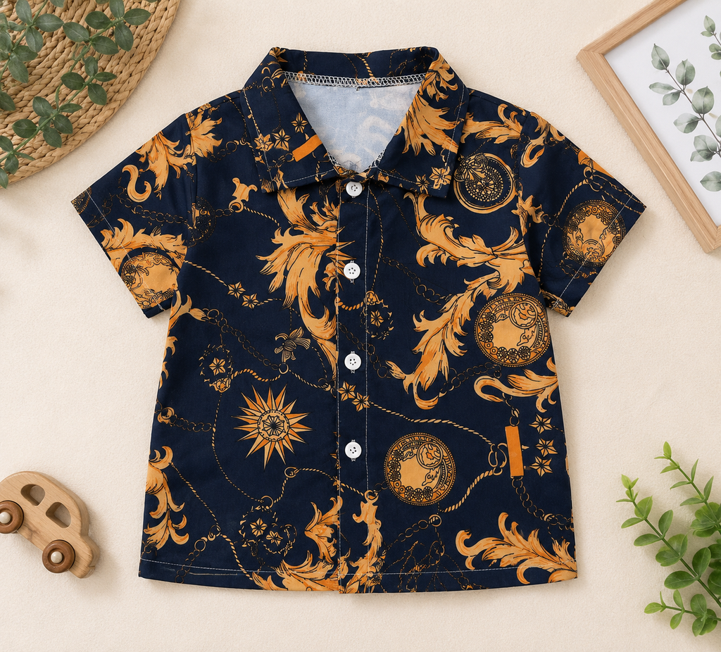 Boys Navy Gold Baroque Print Shirt & Shorts Set