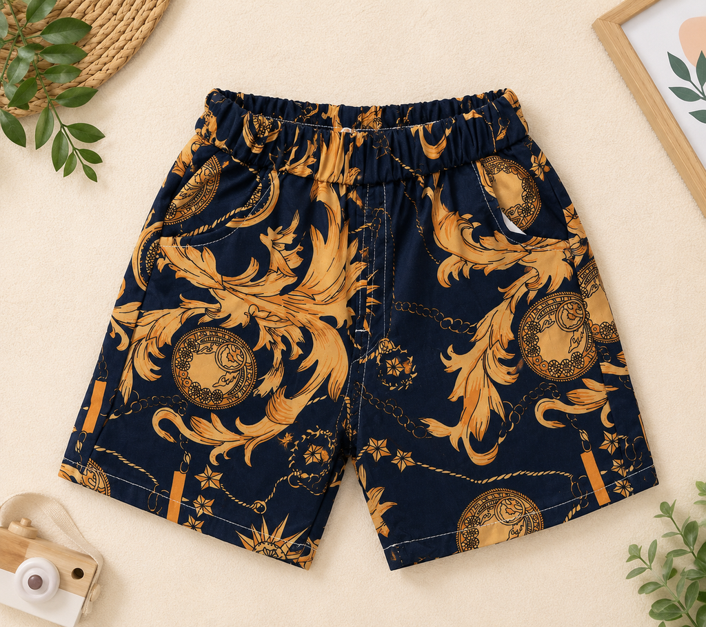 Boys Navy Gold Baroque Print Shirt & Shorts Set