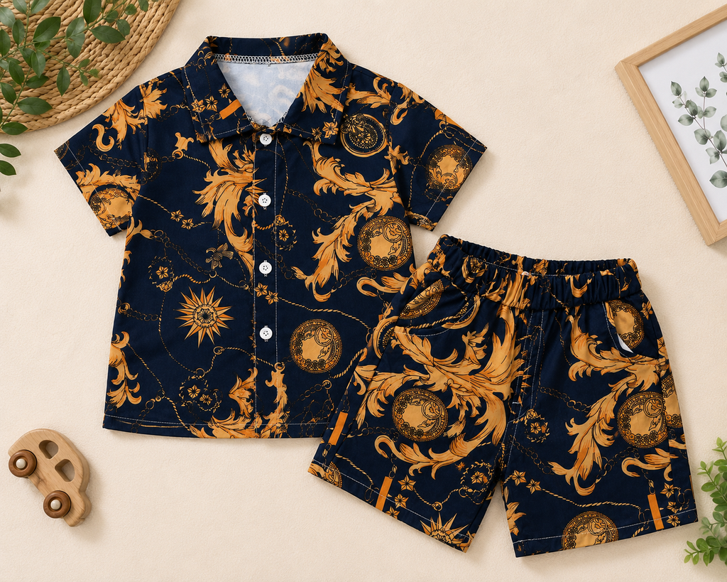Boys Navy Gold Baroque Print Shirt & Shorts Set