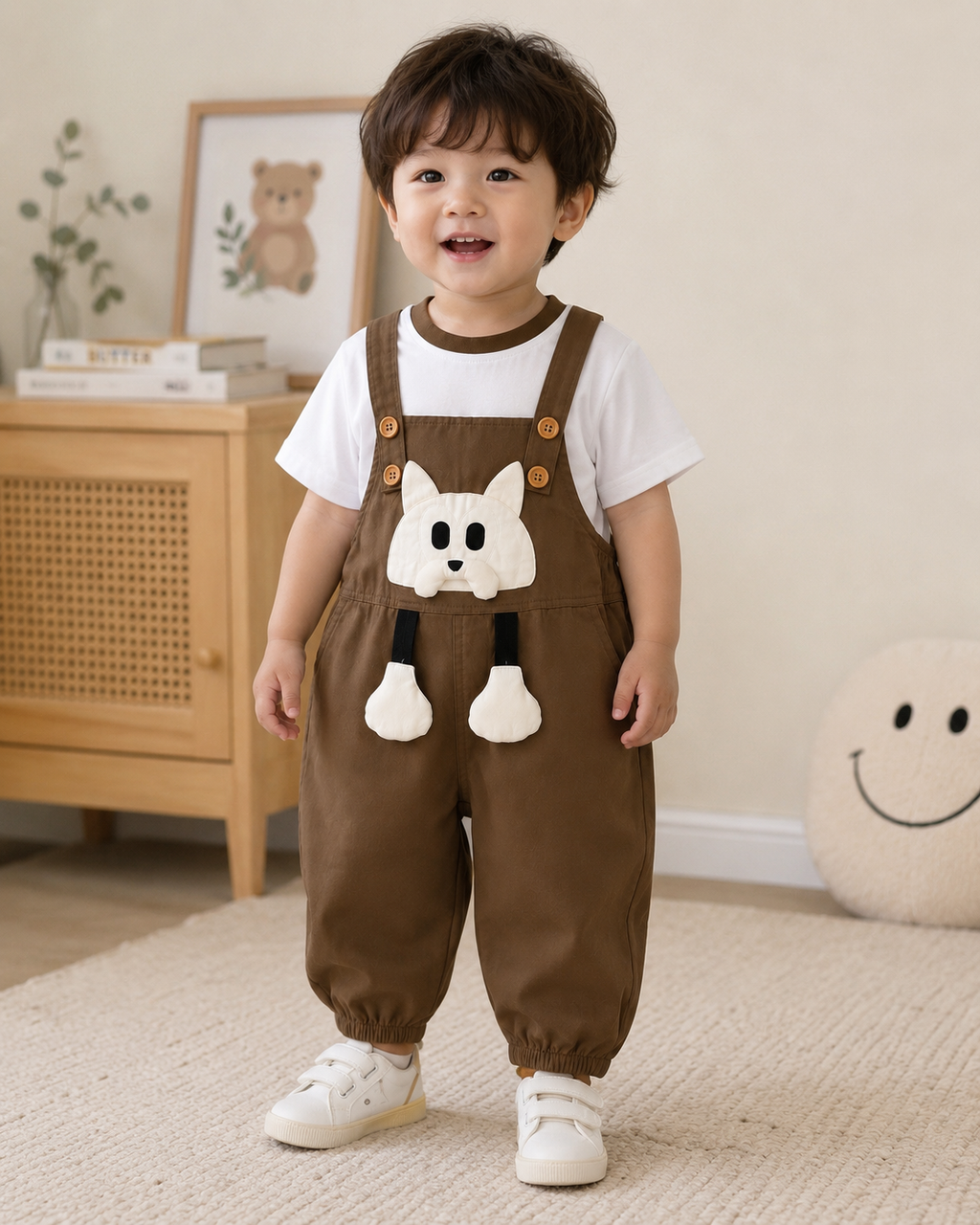Boys Puppy Appliqué T-Shirt & Brown Dungaree Set
