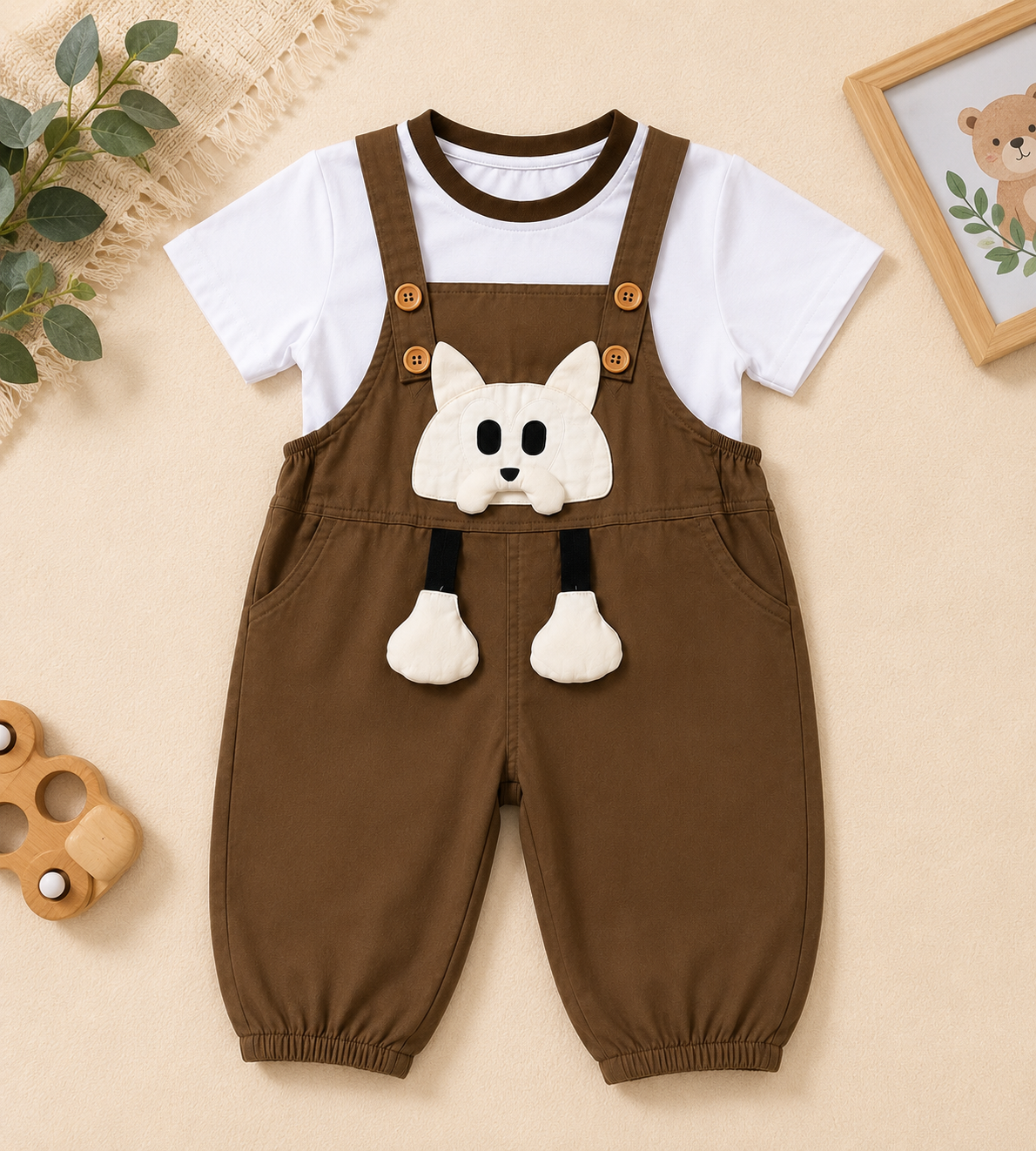 Boys Puppy Appliqué T-Shirt & Brown Dungaree Set