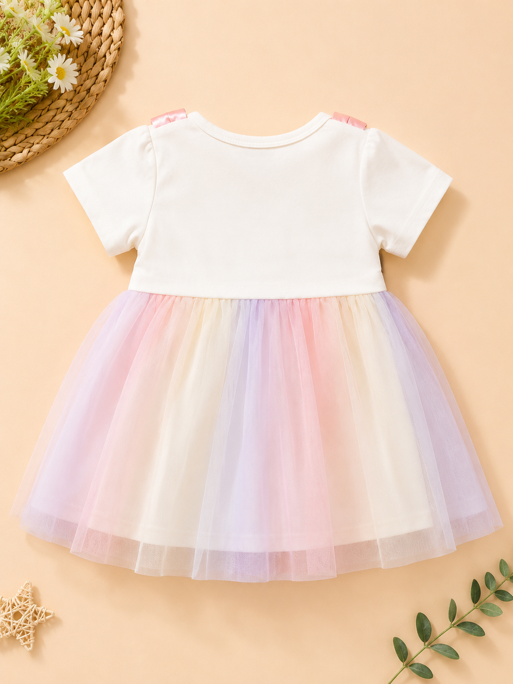 Girls Rainbow Sequin Tulle Dress with Pom Pom Bows
