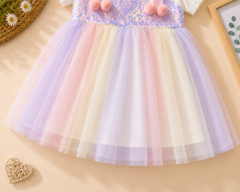 Girls Rainbow Sequin Tulle Dress with Pom Pom Bows