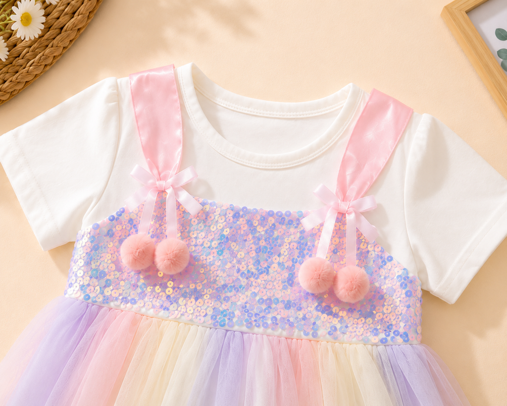 Girls Rainbow Sequin Tulle Dress with Pom Pom Bows