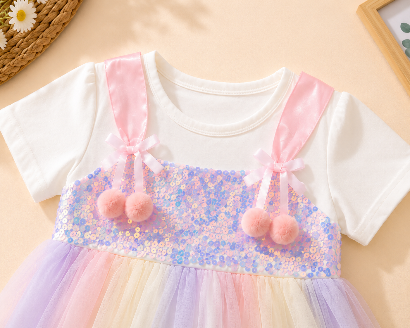 Girls Rainbow Sequin Tulle Dress with Pom Pom Bows