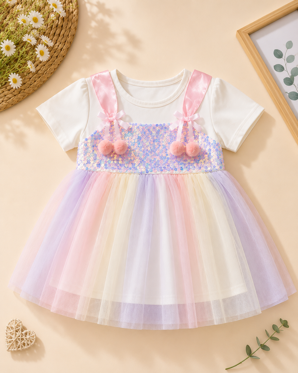 Girls Rainbow Sequin Tulle Dress with Pom Pom Bows