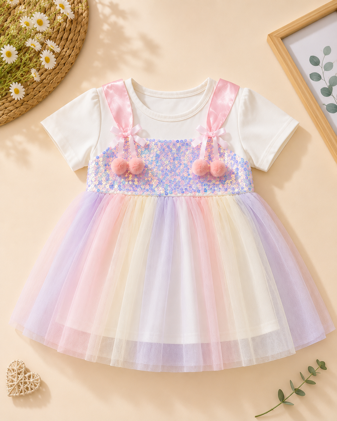 Girls Rainbow Sequin Tulle Dress with Pom Pom Bows