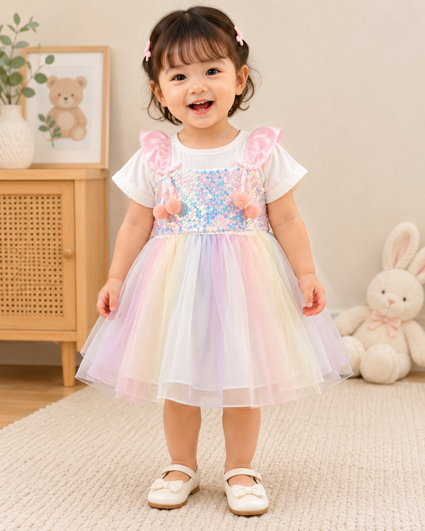 Girls Rainbow Sequin Tulle Dress with Pom Pom Bows