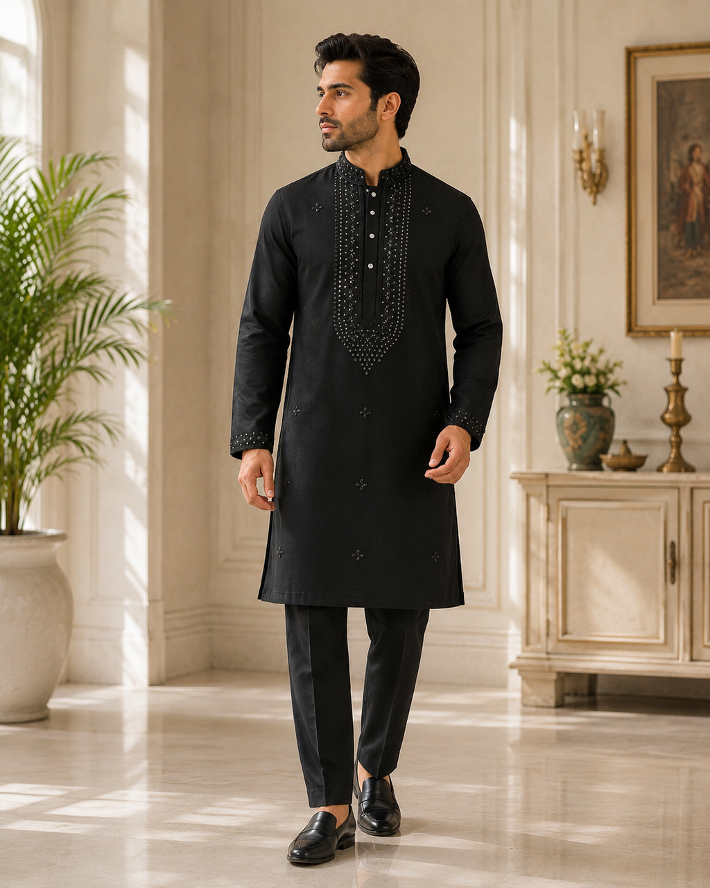 Black Embroidered Rayon Cotton Kurta Set