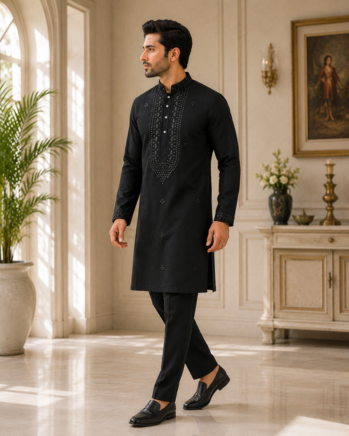 Black Embroidered Rayon Cotton Kurta Set