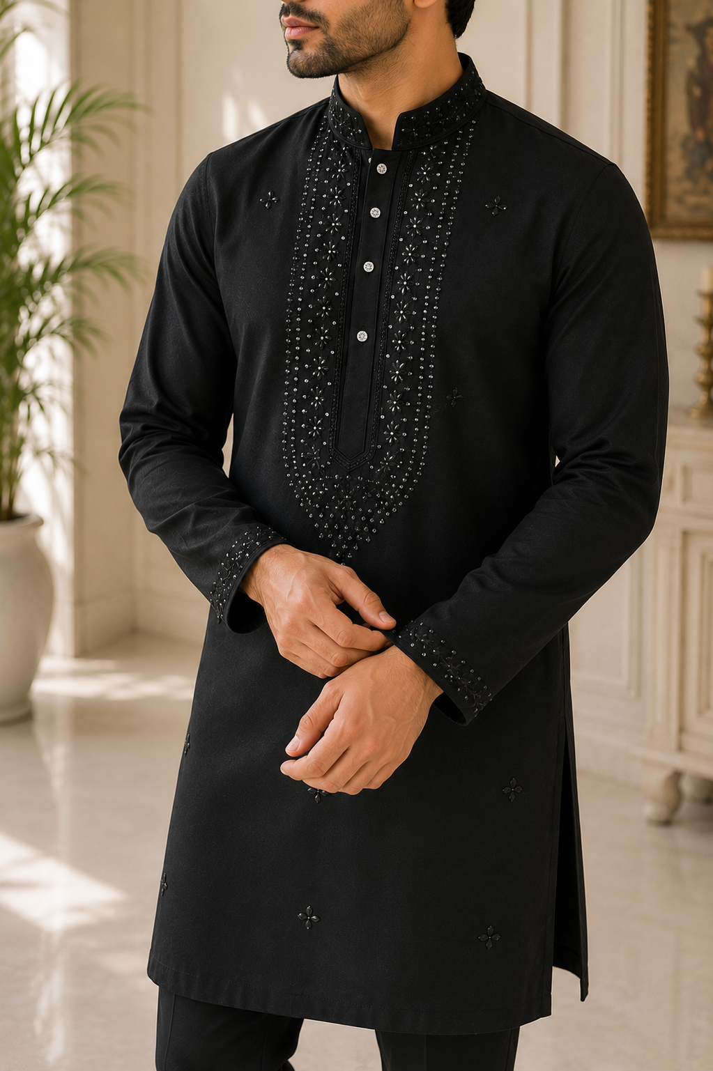 Black Embroidered Rayon Cotton Kurta Set