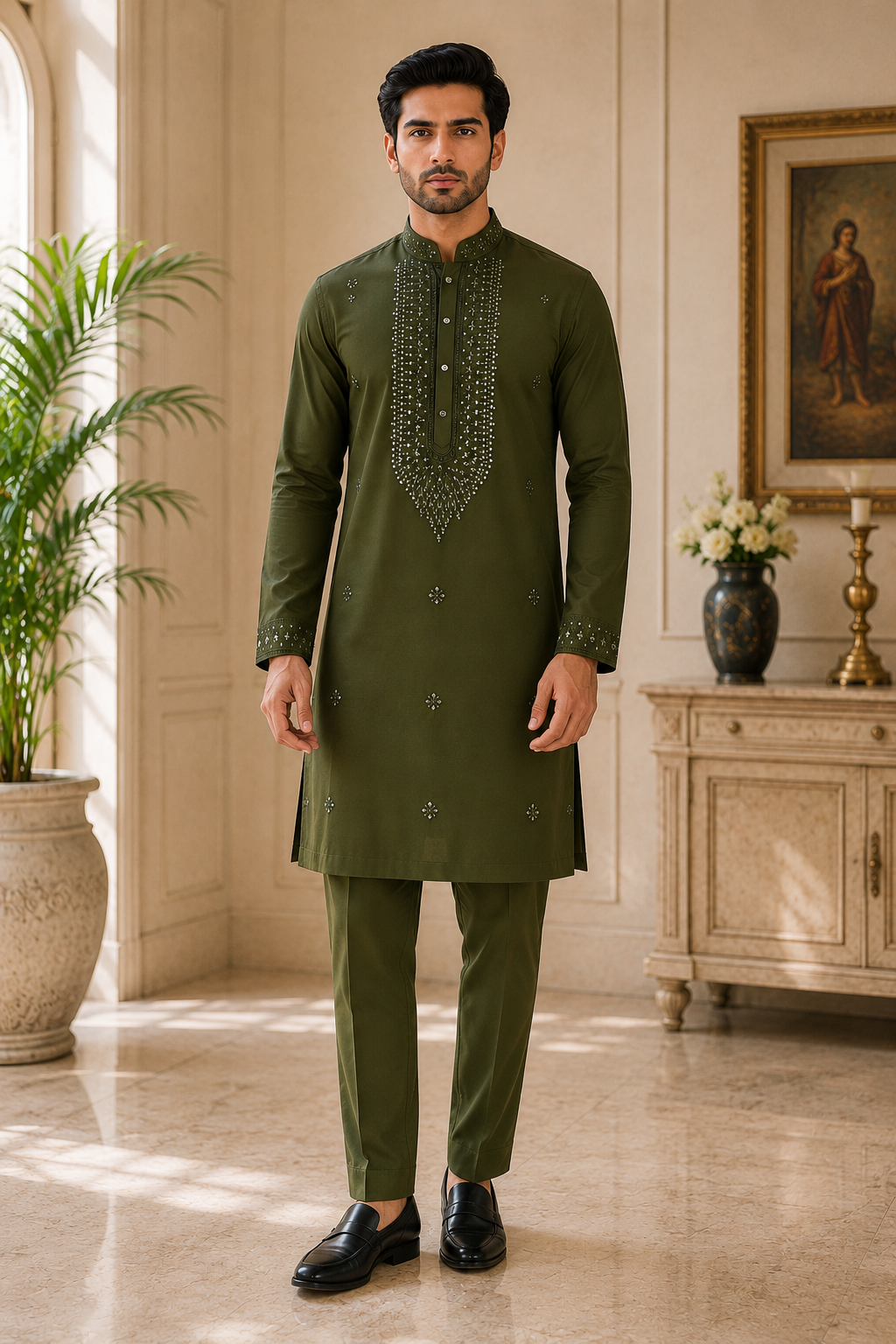 Olive Green Embroidered Rayon Cotton Kurta Set