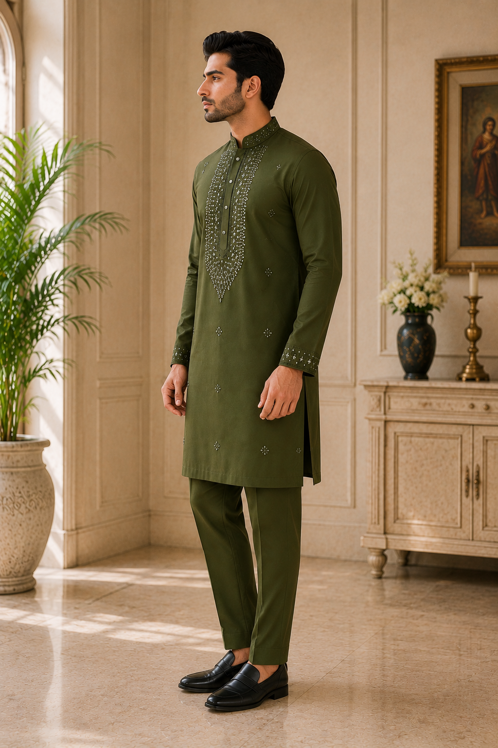 Olive Green Embroidered Rayon Cotton Kurta Set