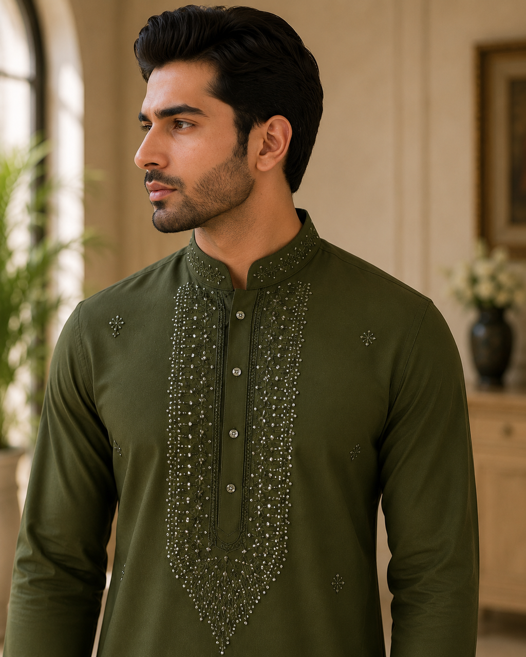 Olive Green Embroidered Rayon Cotton Kurta Set