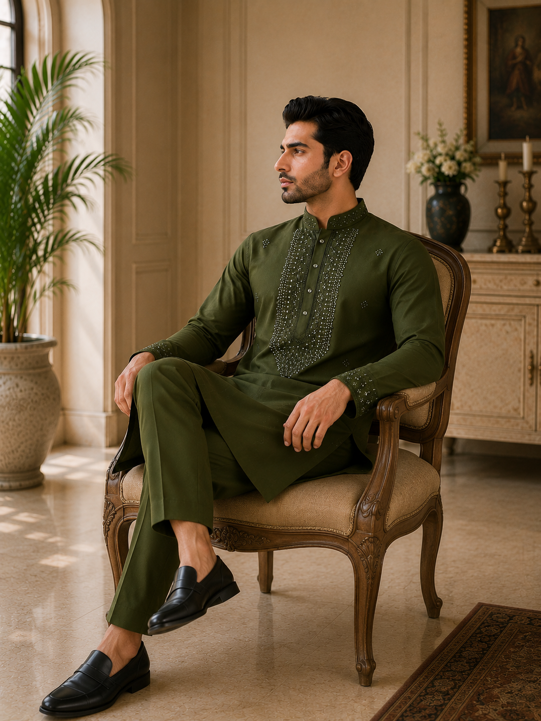 Olive Green Embroidered Rayon Cotton Kurta Set