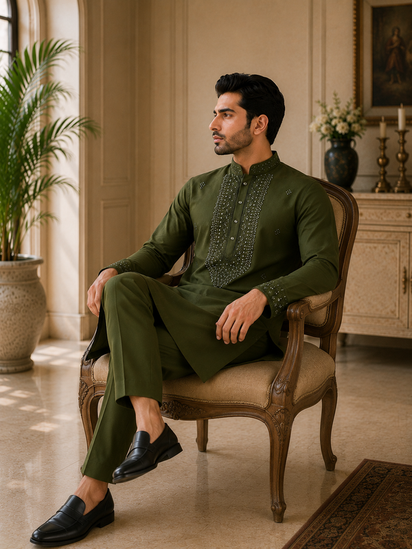 Olive Green Embroidered Rayon Cotton Kurta Set