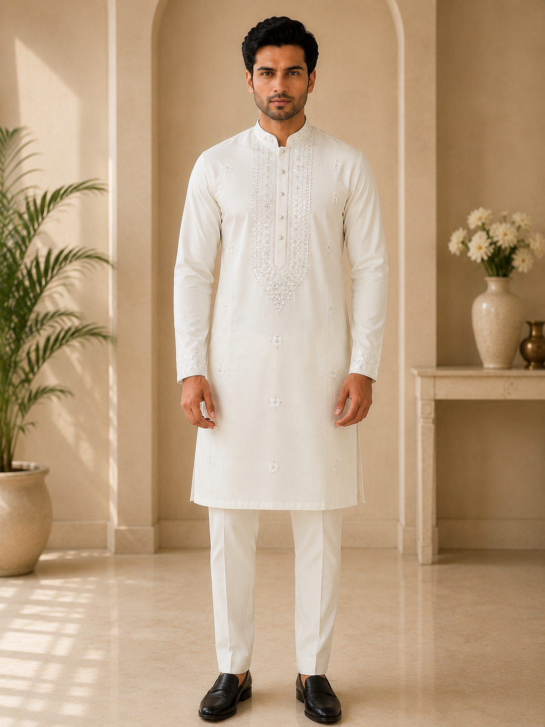White Floral Embroidered Rayon Cotton Kurta Set
