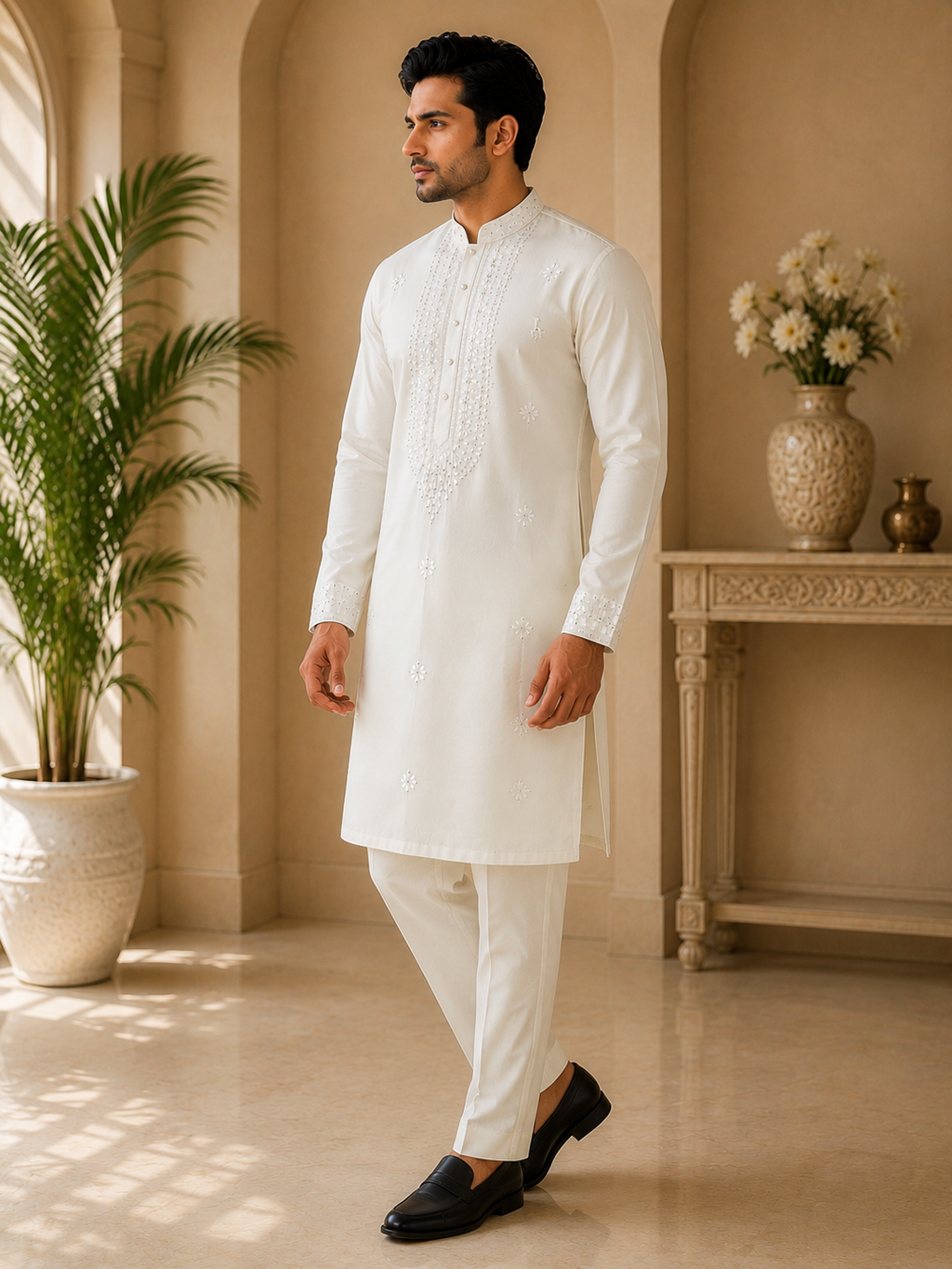 White Floral Embroidered Rayon Cotton Kurta Set