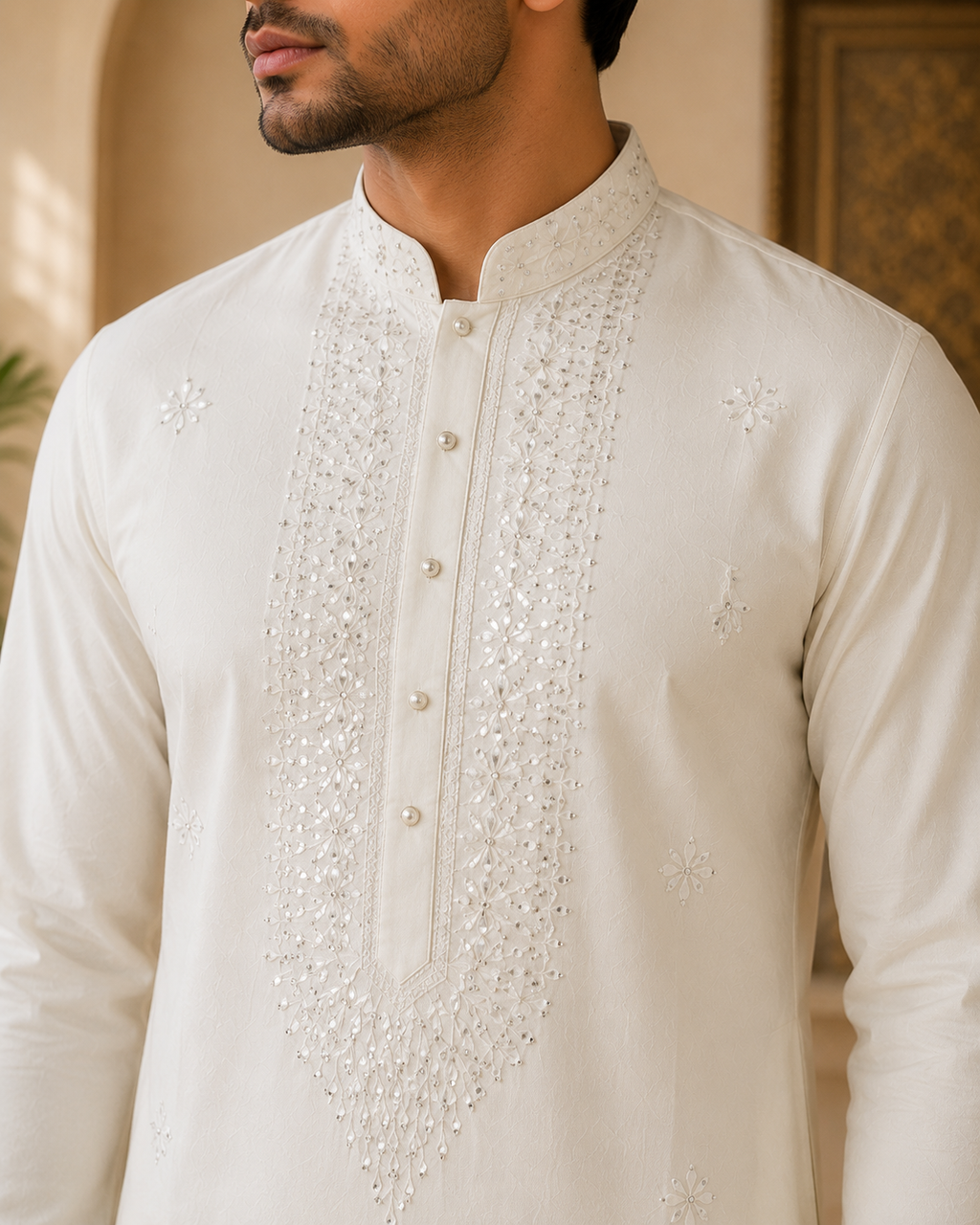 White Floral Embroidered Rayon Cotton Kurta Set
