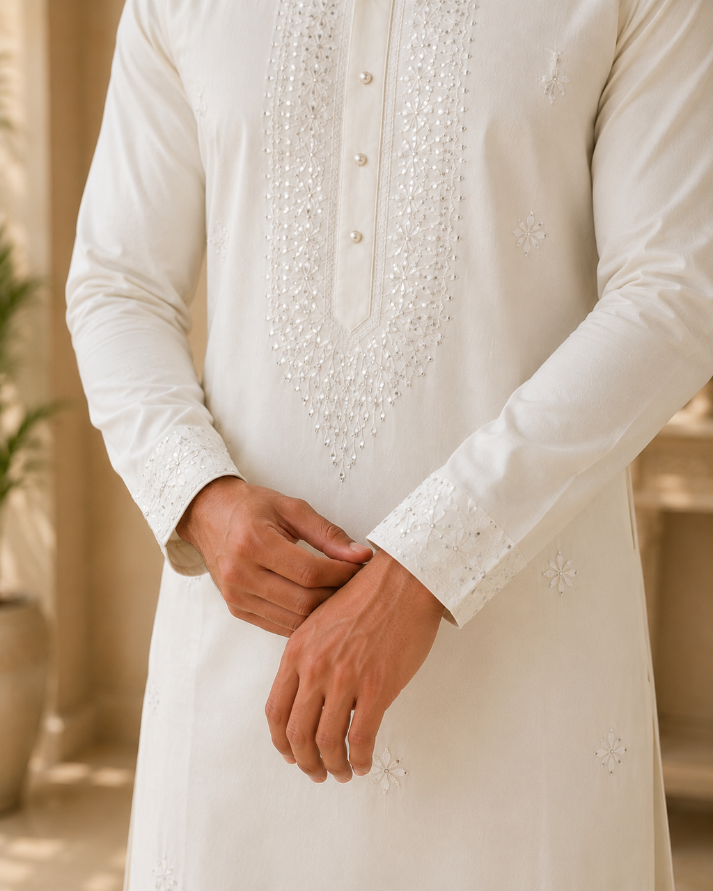 White Floral Embroidered Rayon Cotton Kurta Set