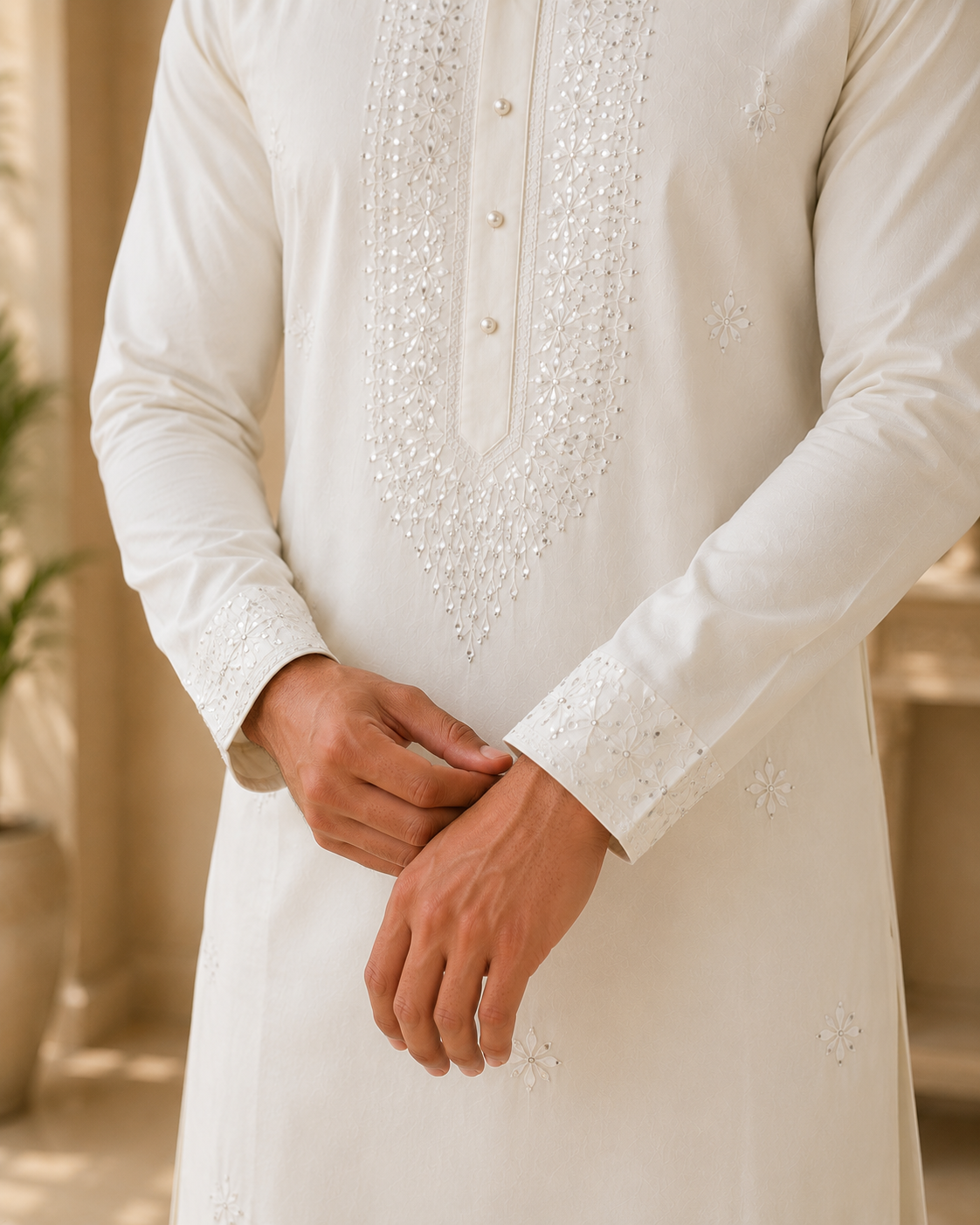 White Floral Embroidered Rayon Cotton Kurta Set