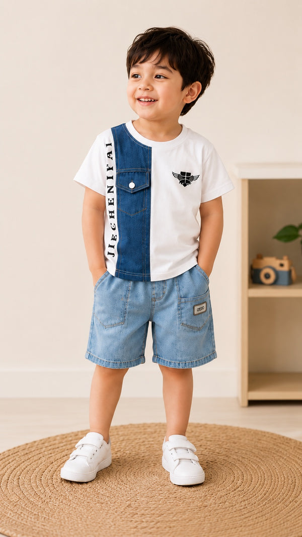 Boys Denim Half Sleeve T-Shirt & Shorts Set