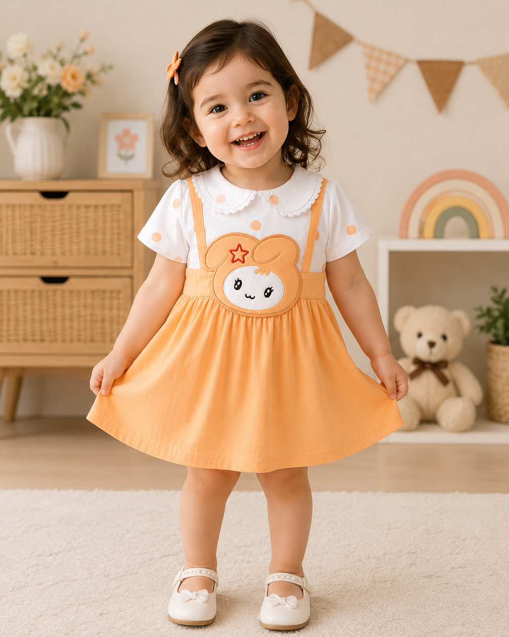 Girls Polka Dot Bunny Appliqué Dress