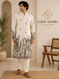 Off-White Botanical Embroidered Silk Kurta