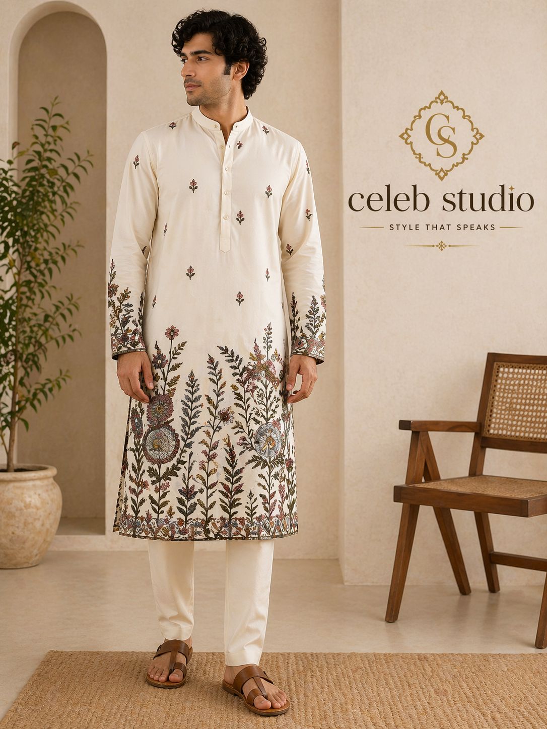Off-White Botanical Embroidered Silk Kurta