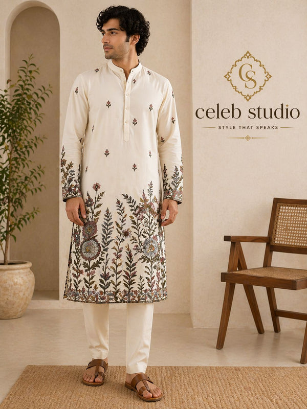 Off-White Botanical Embroidered Silk Kurta