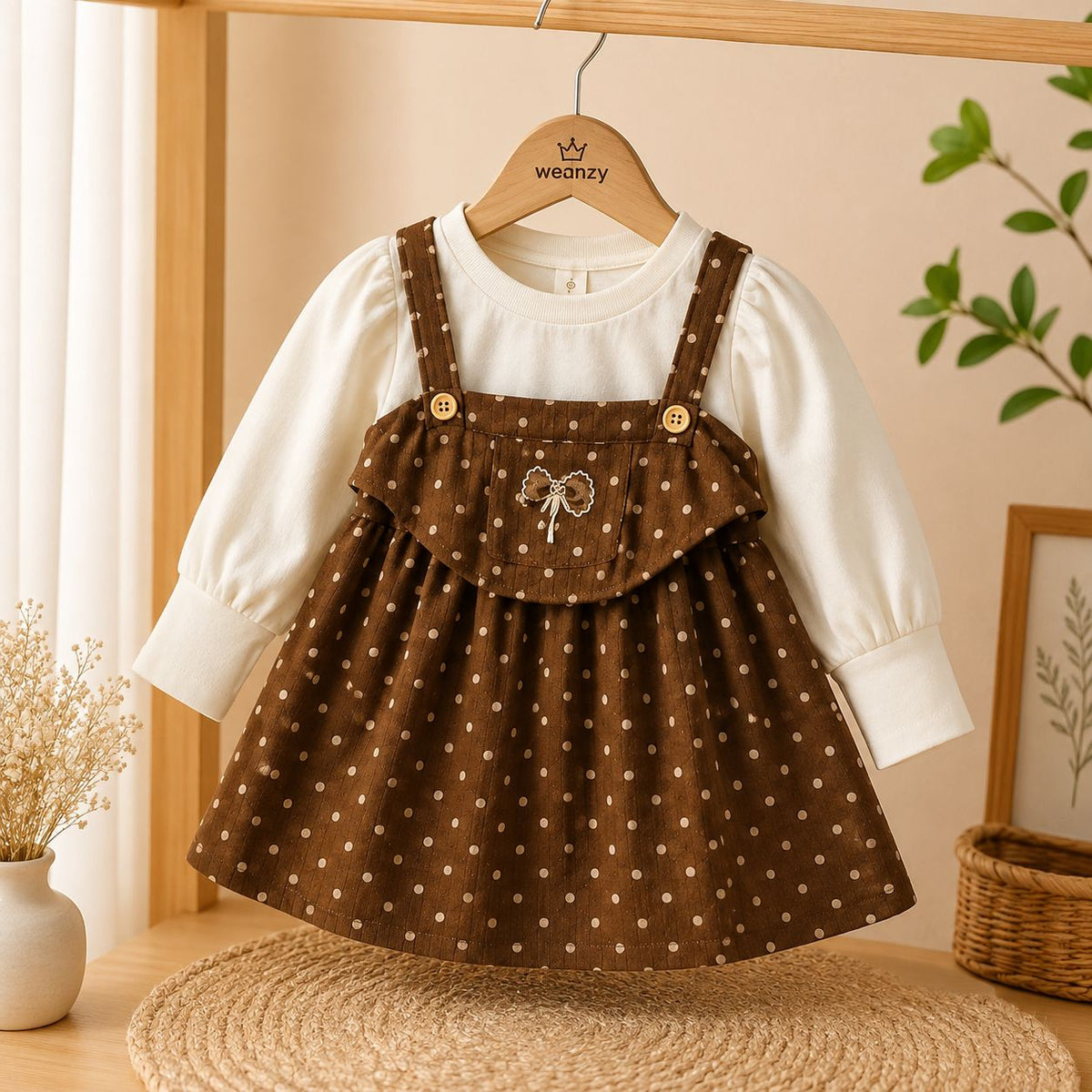 Girl wearing brown polka dot suspender dress set