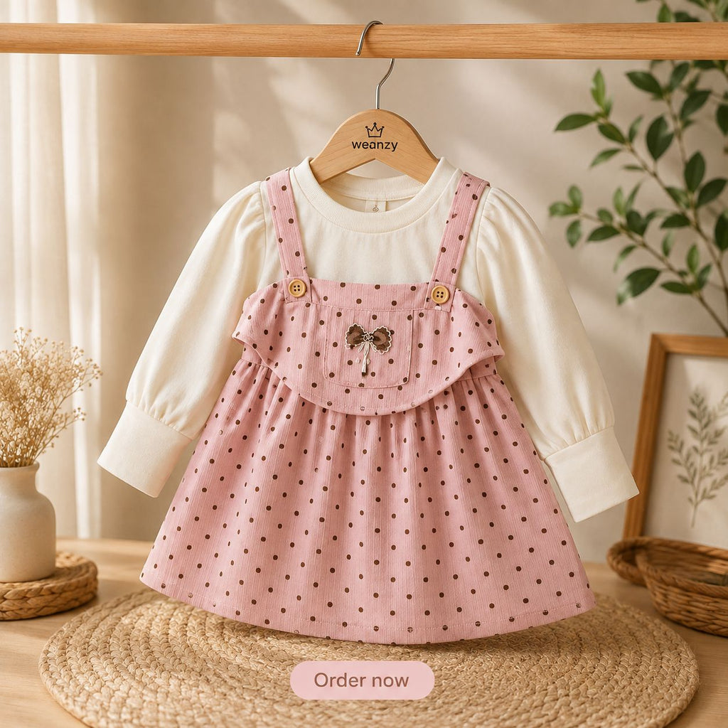 Girl wearing pink polka dot suspender dress set with puff sleeve top