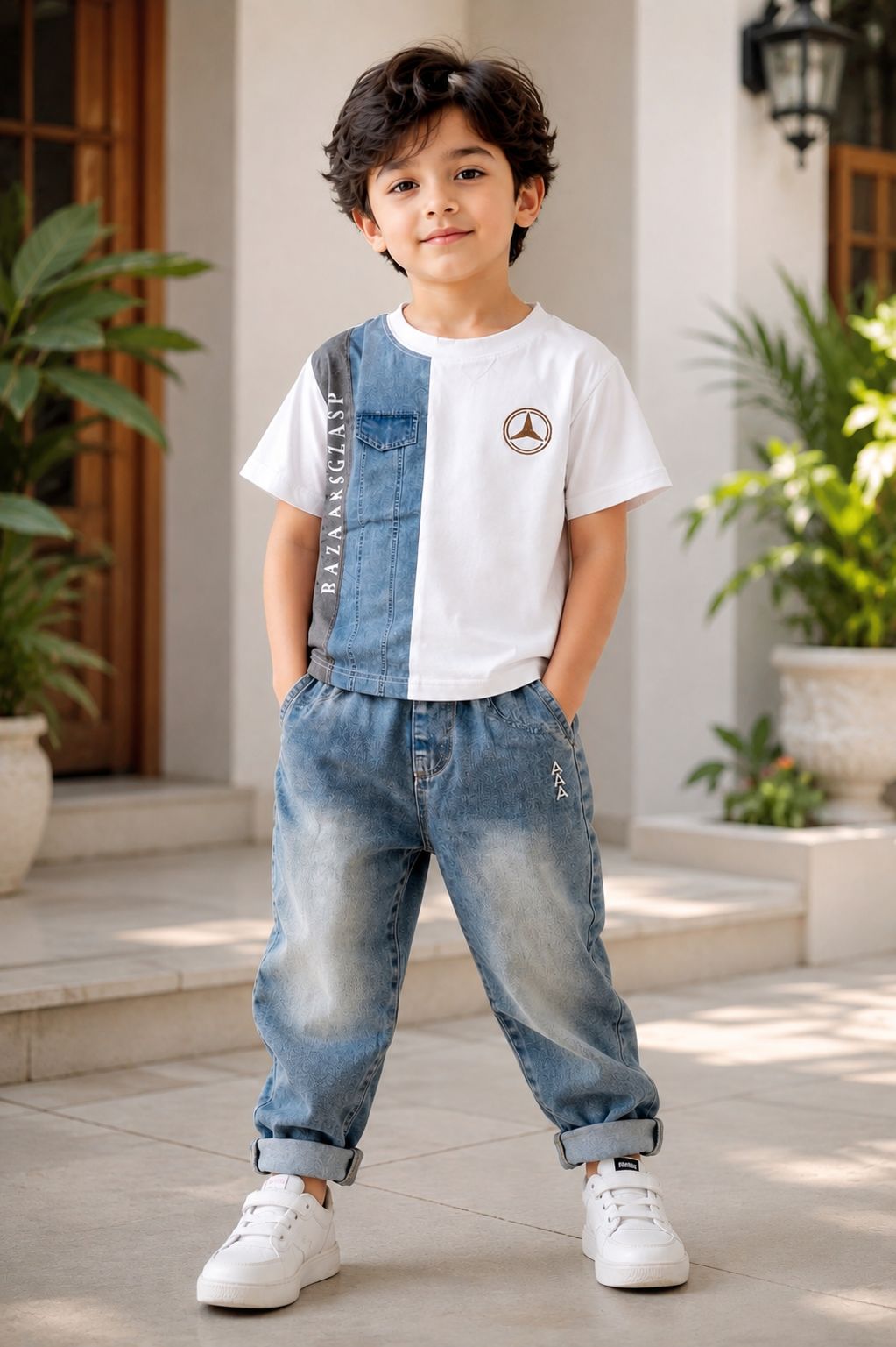 Boy wearing Mercedes print t-shirt with denim jeans
