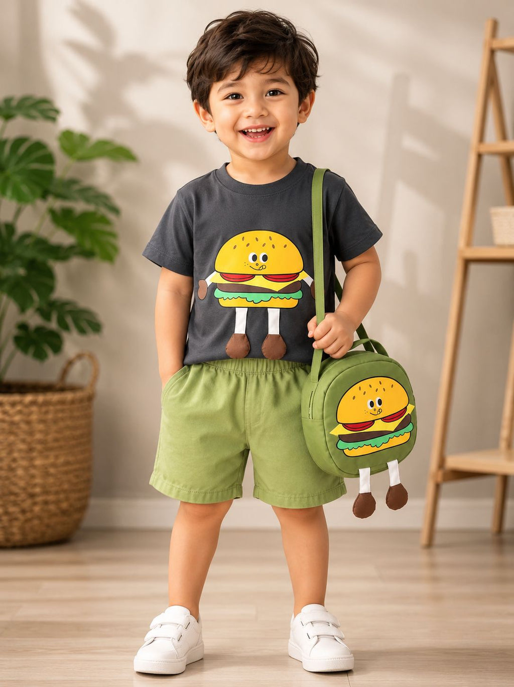 Boy wearing burger print t-shirt with olive green shorts and burger sling bag